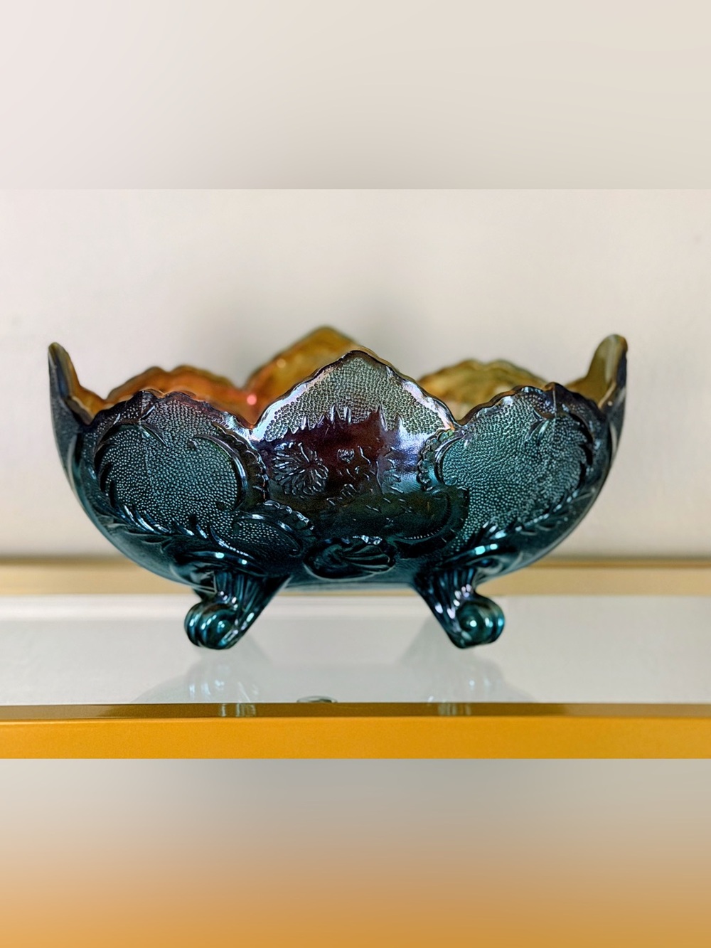 Vintage Jeannette Blue Iridescent Lombardi Glass Footed Fruit Bowl